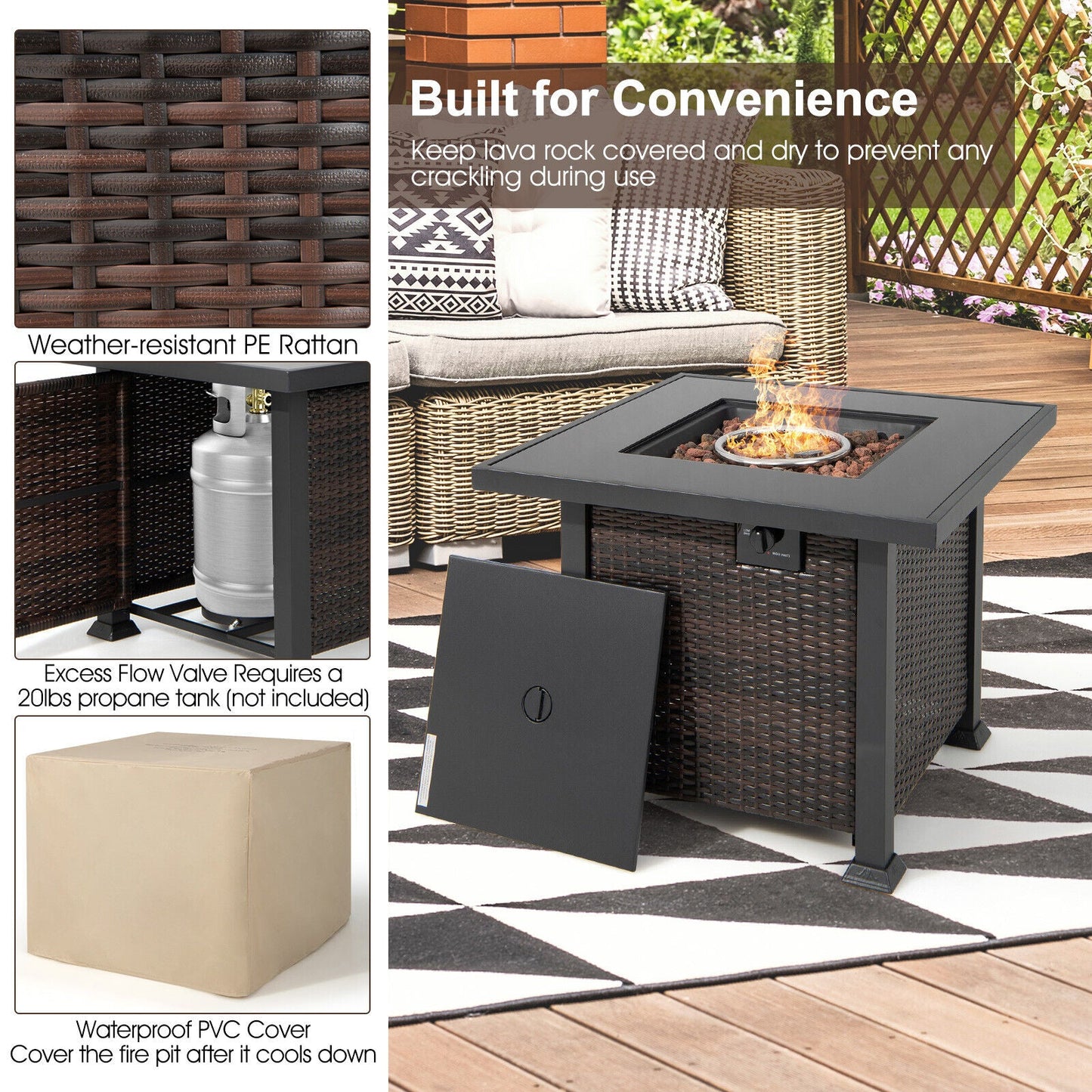 32 Inch Square Propane Fire Pit Table with Lava Rocks Cover