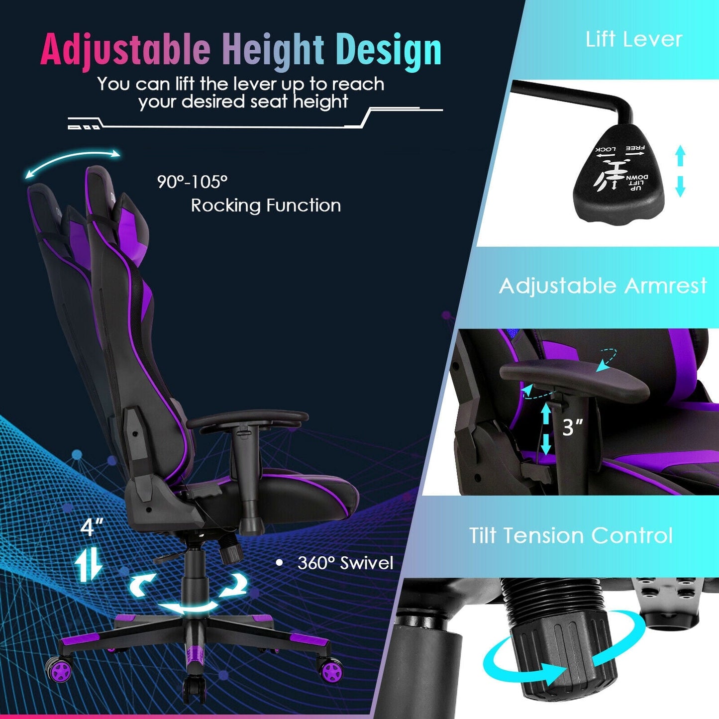 Gaming Chair Adjustable Swivel Computer Chair with Dynamic LED Lights