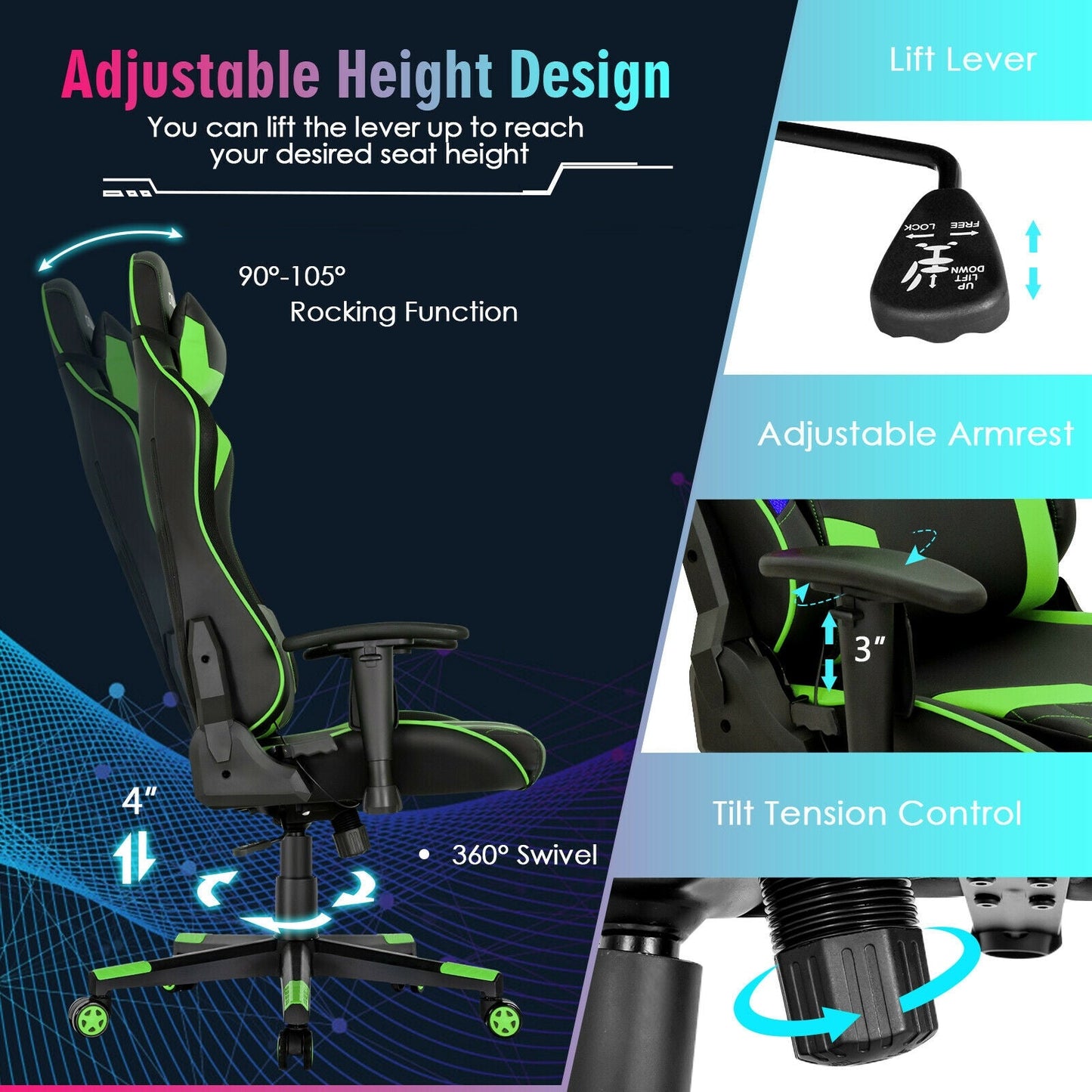 Gaming Chair Adjustable Swivel Computer Chair with Dynamic LED Lights