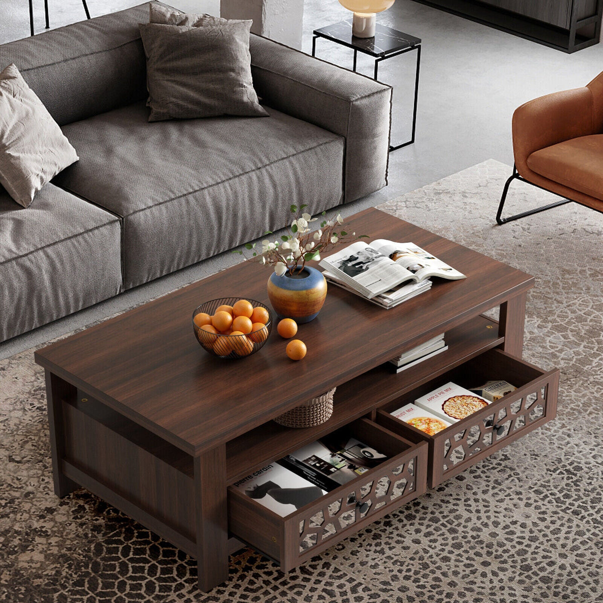 3-tier Coffee Table with 2 Drawers and 5 Support Legs