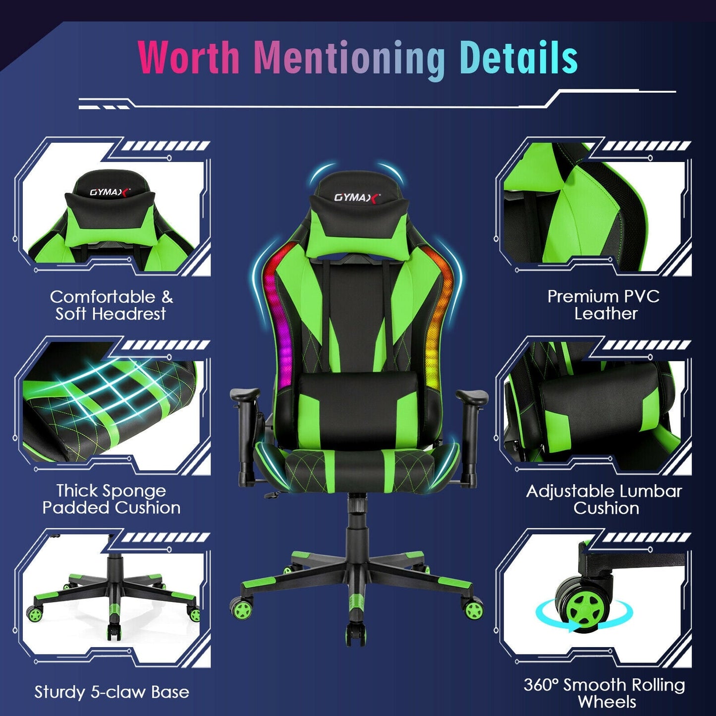 Gaming Chair Adjustable Swivel Computer Chair with Dynamic LED Lights