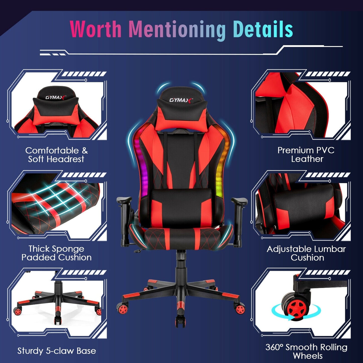 Gaming Chair Adjustable Swivel Computer Chair with Dynamic LED Lights