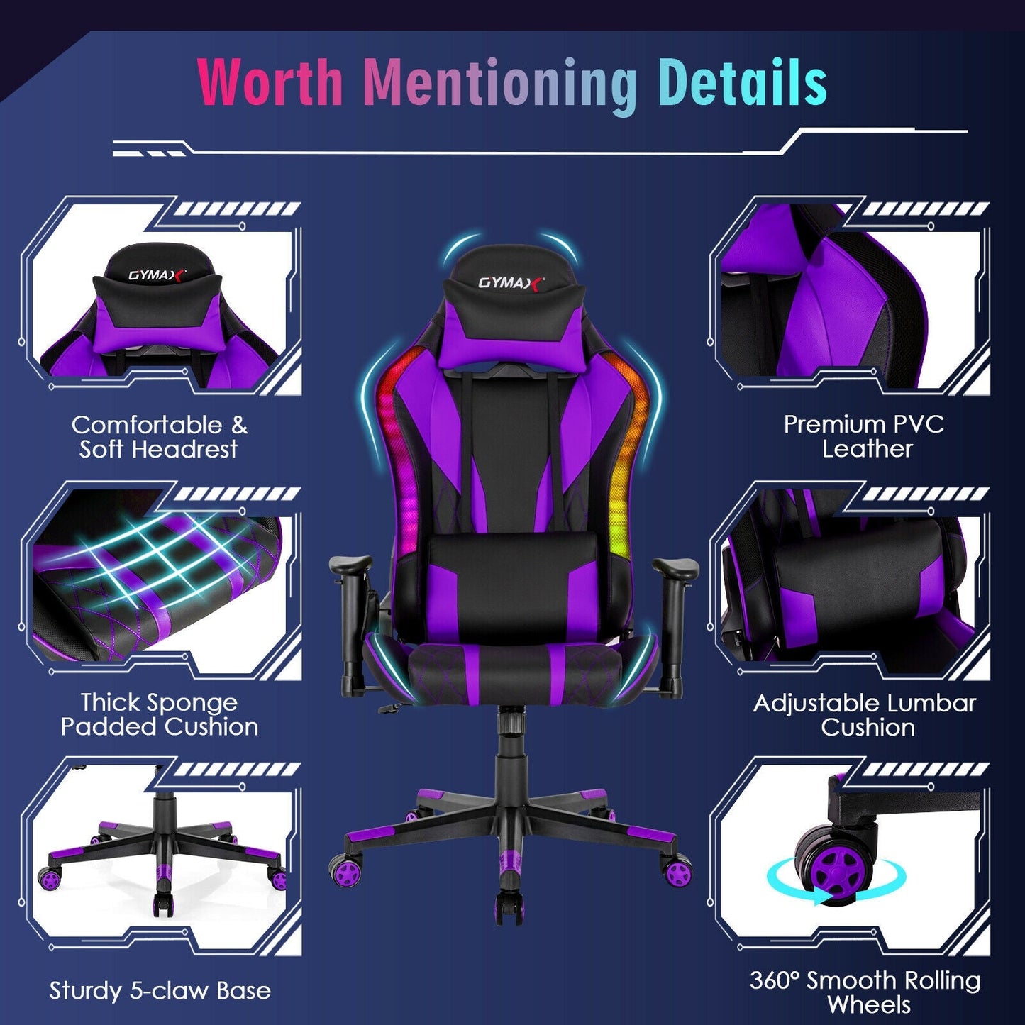 Gaming Chair Adjustable Swivel Computer Chair with Dynamic LED Lights
