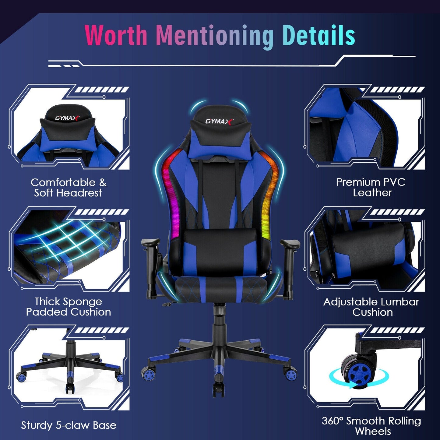 Gaming Chair Adjustable Swivel Computer Chair with Dynamic LED Lights