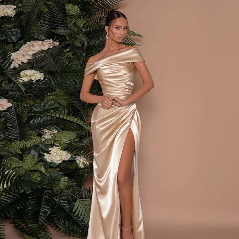 Elegant Off Shoulder Satin Slit Dress, Wedding Extra Long Formal Gown, Christmas Party Dress, Bridesmaid Dress
