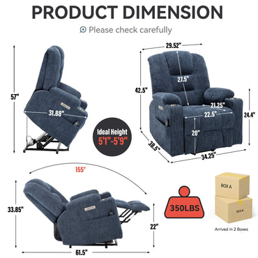 Lift Recliner Chair Power Chenille Blue Heat Massage USB Cup Holders 350 LB