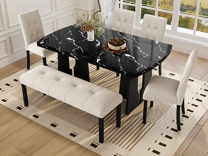 6 Piece Modern Dining Table Set, 63' Faux Marble Dining Table with Geometric