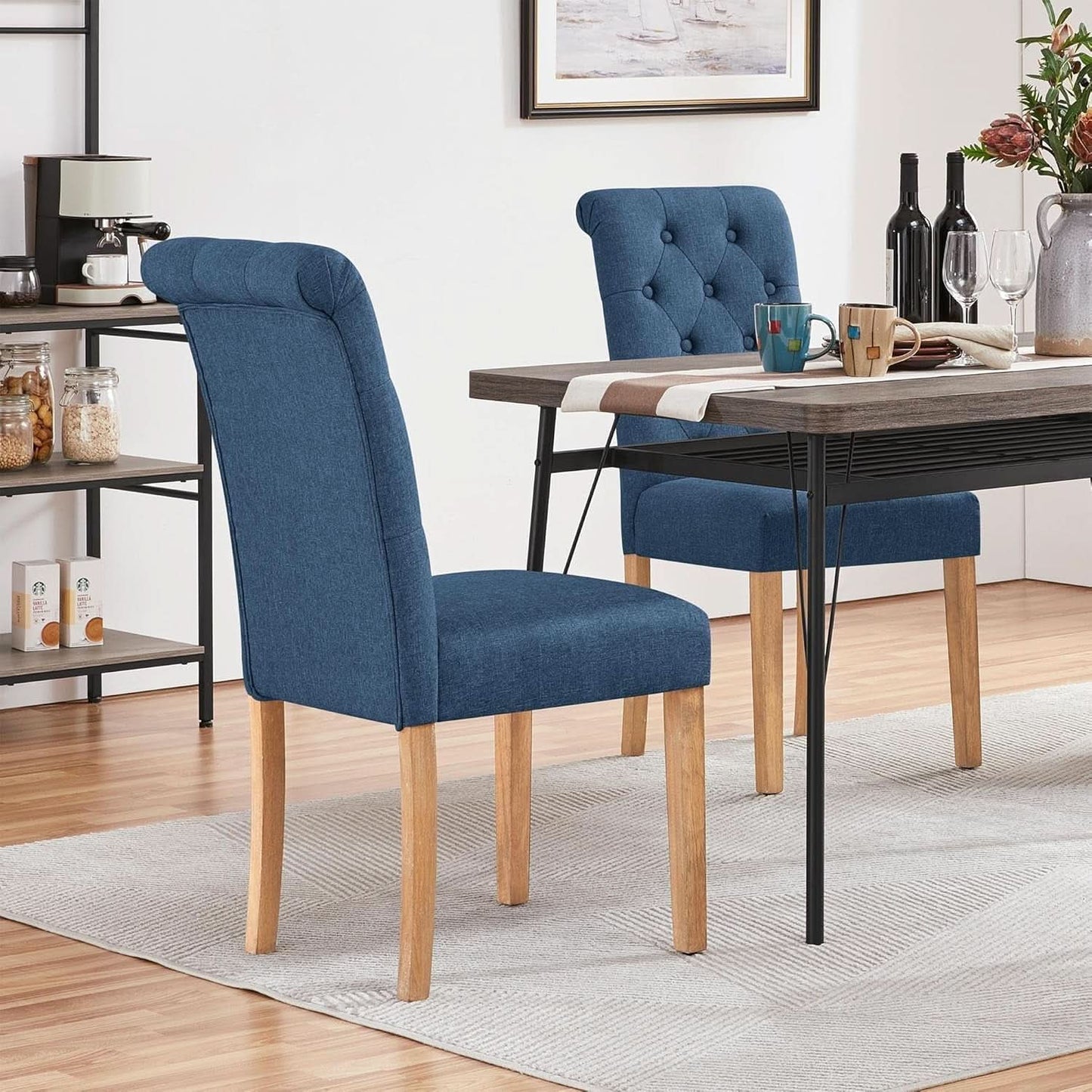 Blue Button Tufted Dining Chairs Set Of 2 With Solid Wood Legs