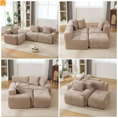 Sectional Sofa L-Shape Polyester Taupe 4 Seat Ottoman 3 Pillows 104 In
