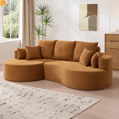 Sectional Sofa Curved Boucle Camel 4 Seat 106 In Chaise 7 Pillows