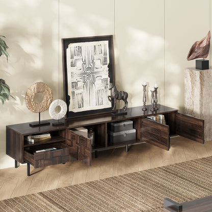 TV Stand Mid-Century Walnut MDF Soft-Close Doors Fits 85 In TV 78.7 In
