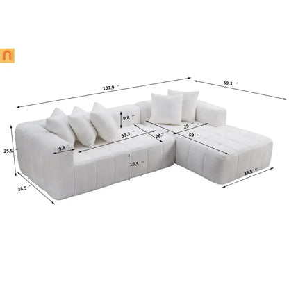 Sectional Sofa L-Shape Minimalist White 4 Seat 108 In No Assembly