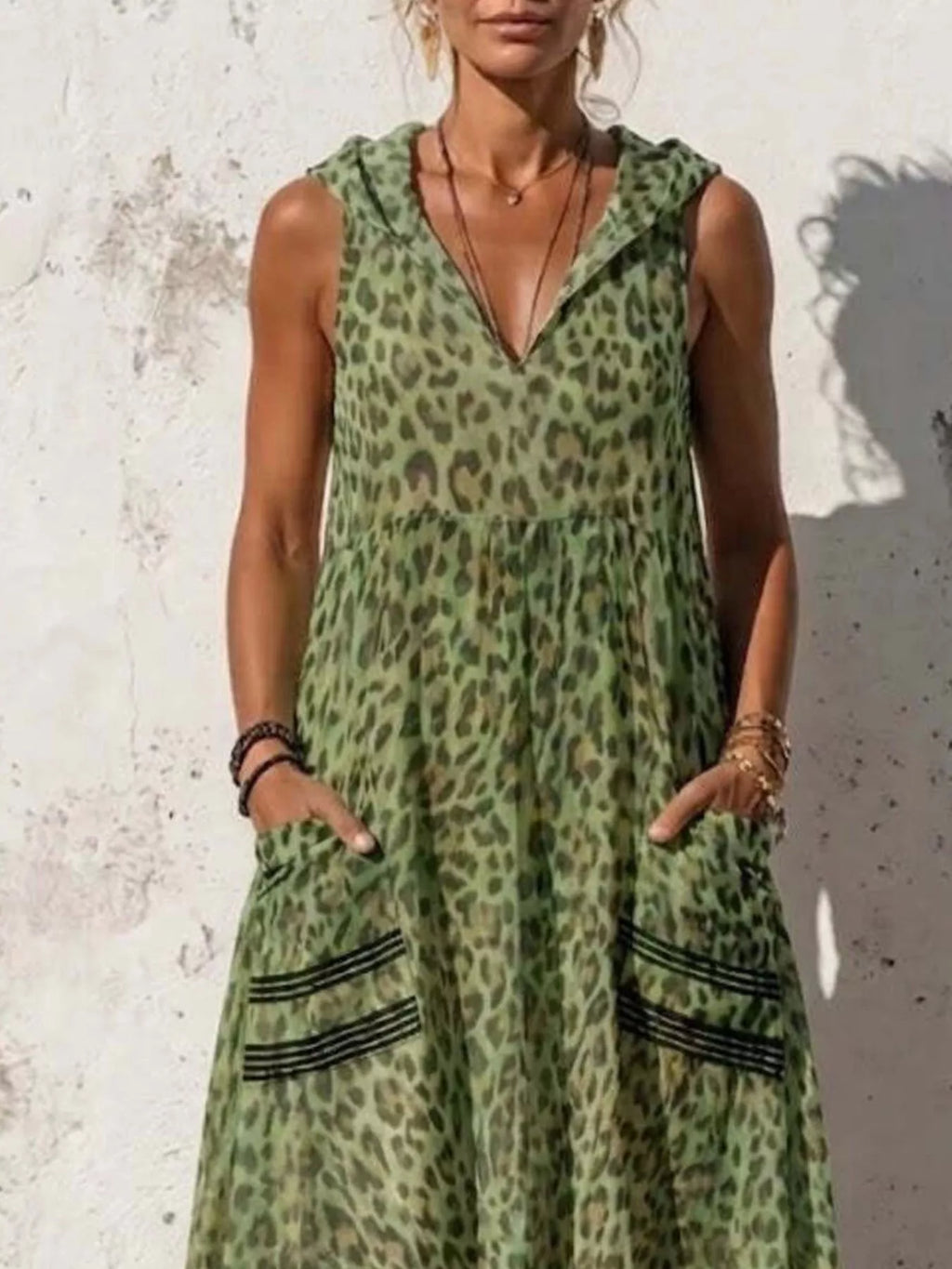 Full Size Sleeveless Hooded Leopard Print Maxi Dress with Pockets Plus Size
