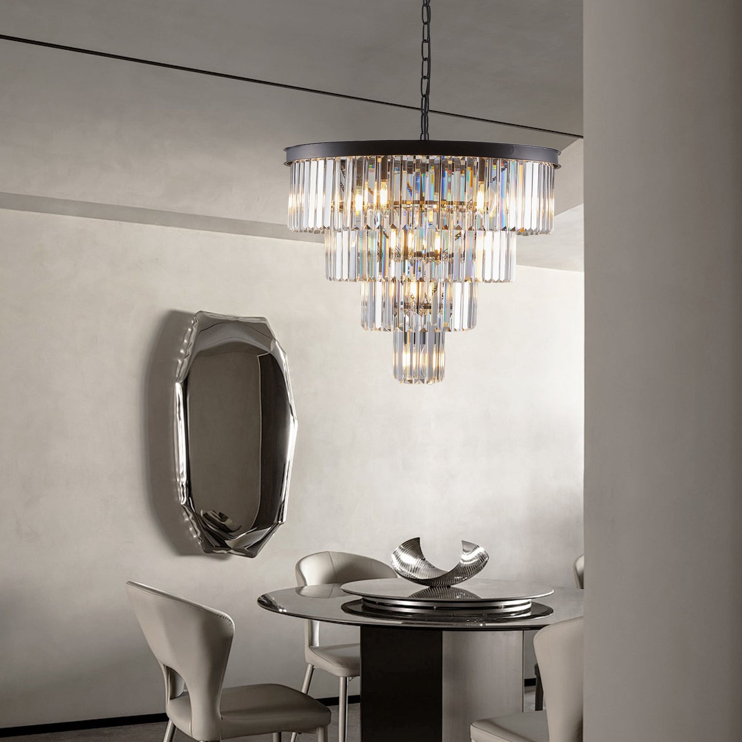 Chandelier Crystal 4-Tier Black 24 In Modern Living Dining Room