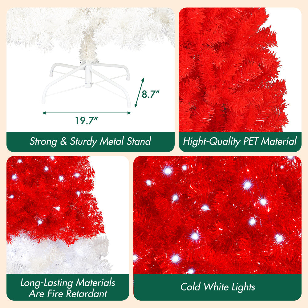 6 FT Santa Hat Shaped Christmas Tree | Pre-Lit Whimsical Curved Xmas Tree with 300 Cool White LEDs & 1050 PET Tips — Red & White