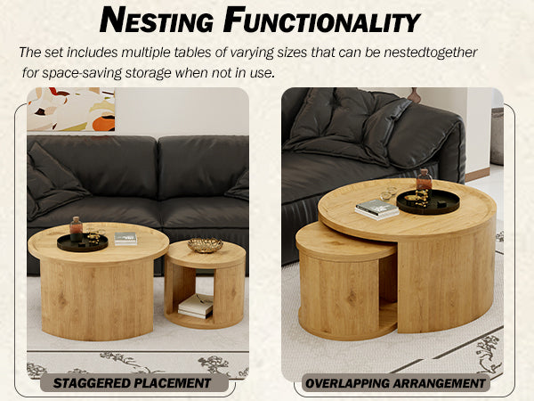 Round Nesting Coffee Table Set of 2, 31.5 and 18 in, Wood Top, Living Room