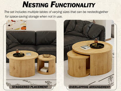 Round Nesting Coffee Table Set of 2, 31.5 and 18 in, Wood Top, Living Room
