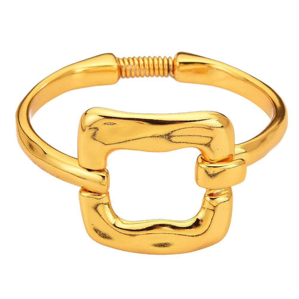 Minimal Interlocking Square Buckle Bangle For Women, High Polish Gold Plated Adjustable Cuff Bracelet, Elegant Daily Fashion Jewelry