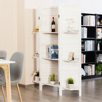 4 Panel Folding Room Divider Screen with 3 Display Shelves