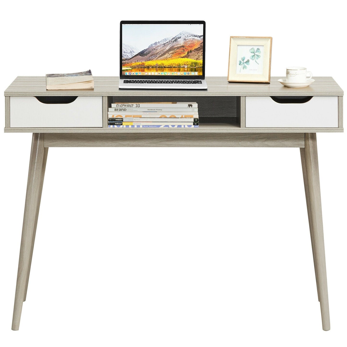 Stylish Computer Desk Workstation with 2 Drawers and Solid Wood Legs
