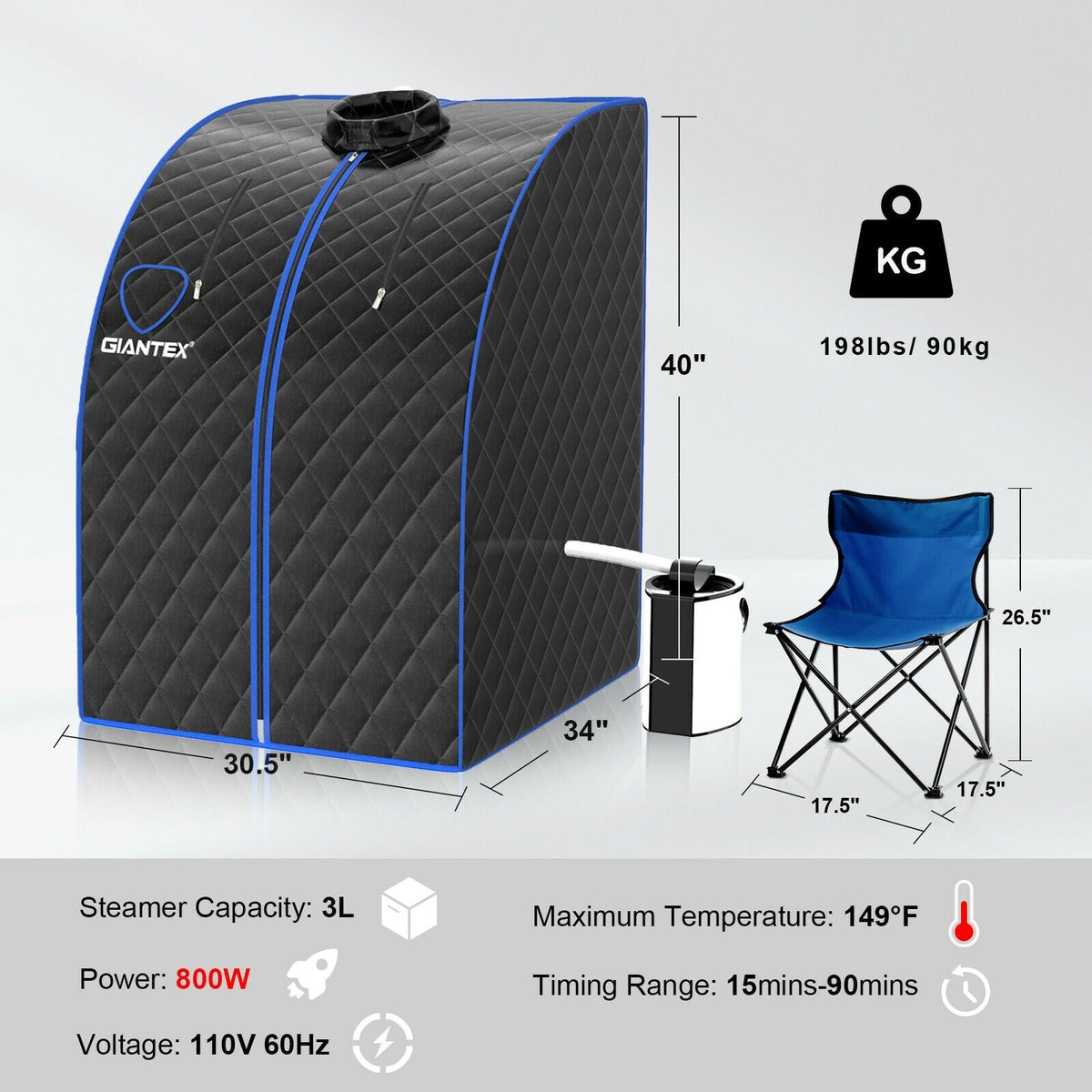 Portable Personal Steam Sauna Spa with 3L Blast-proof Steamer Chair