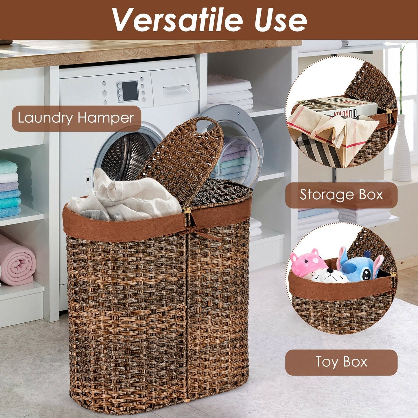 Handwoven Laundry Hamper Basket with 2 Removable Liner Bags