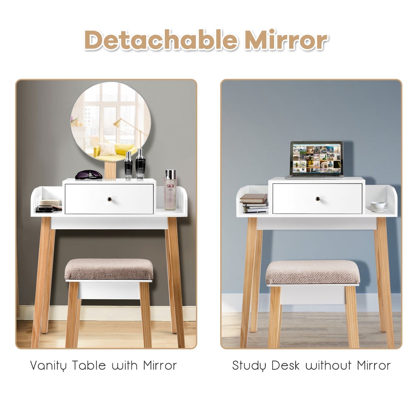 Wooden Makeup Dressing Mirror Table Set with Drawer