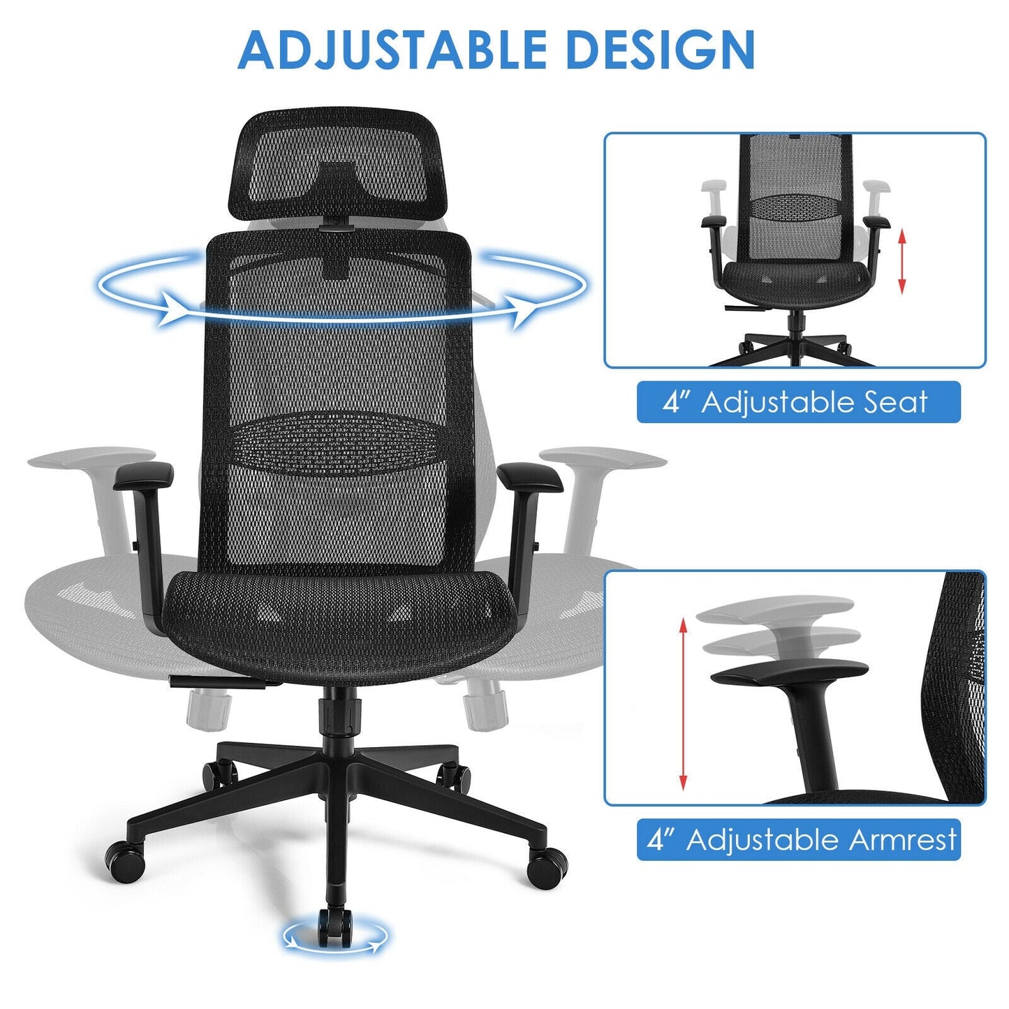 Height Adjustable Ergonomic High Back Mesh Office Chair with Hange