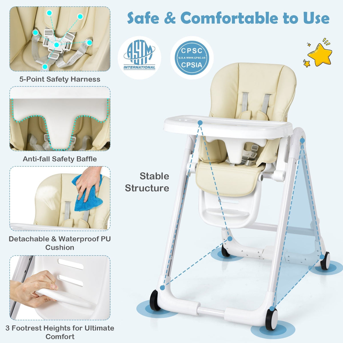 Baby Folding Convertible High Chair with Wheels and Adjustable Height