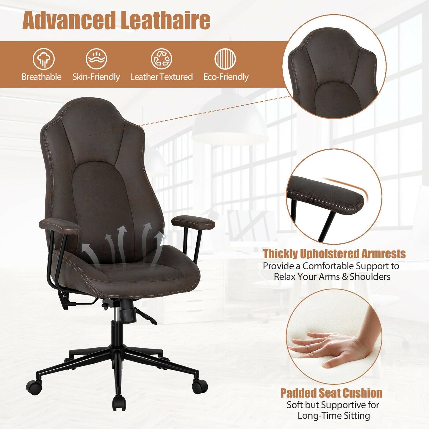 High Adjustable Back Executive Office Chair with Armrest-Brown