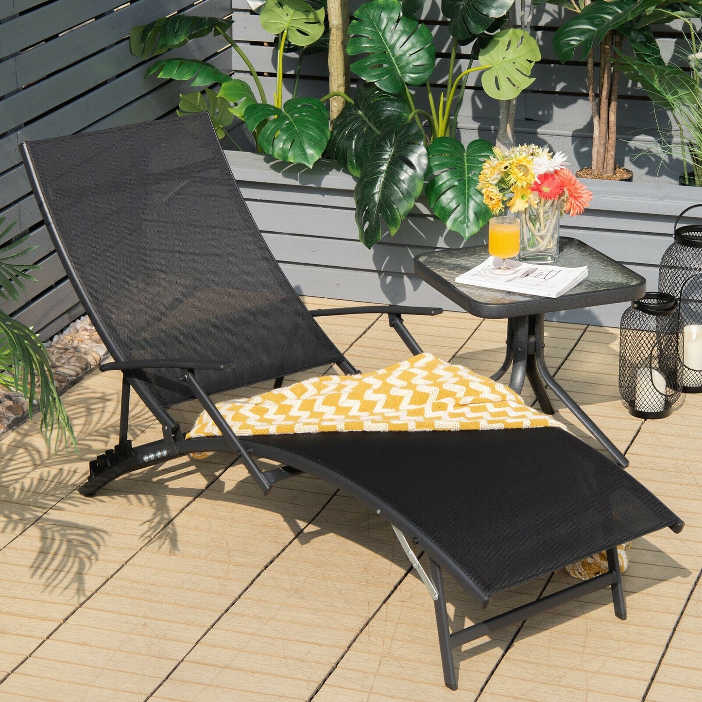 2 Pieces Patio Folding Stackable Lounge Chair Chaise with Armrest-Black