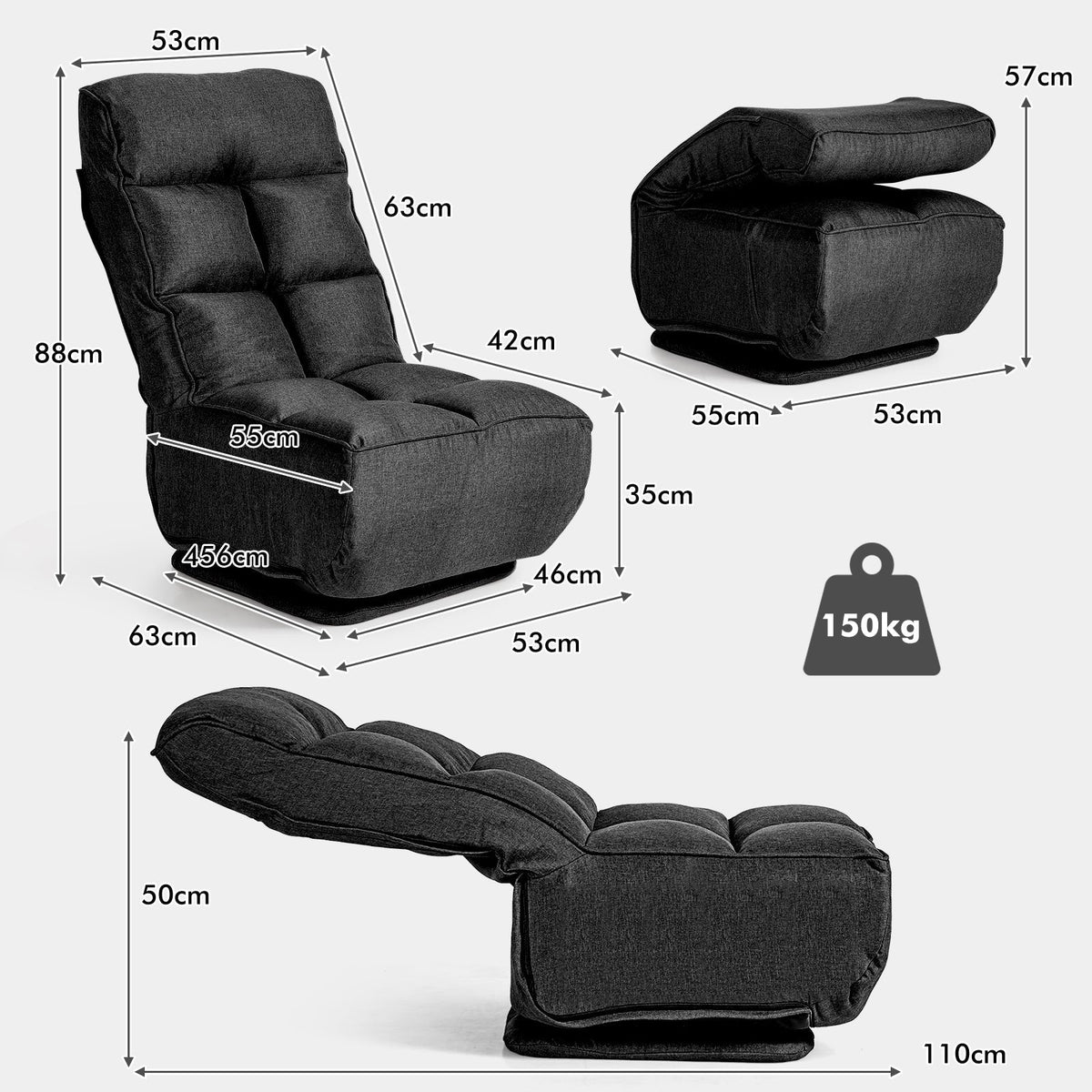 360-Degree Swivel Folding Floor Chair with 6 Adjustable Positions