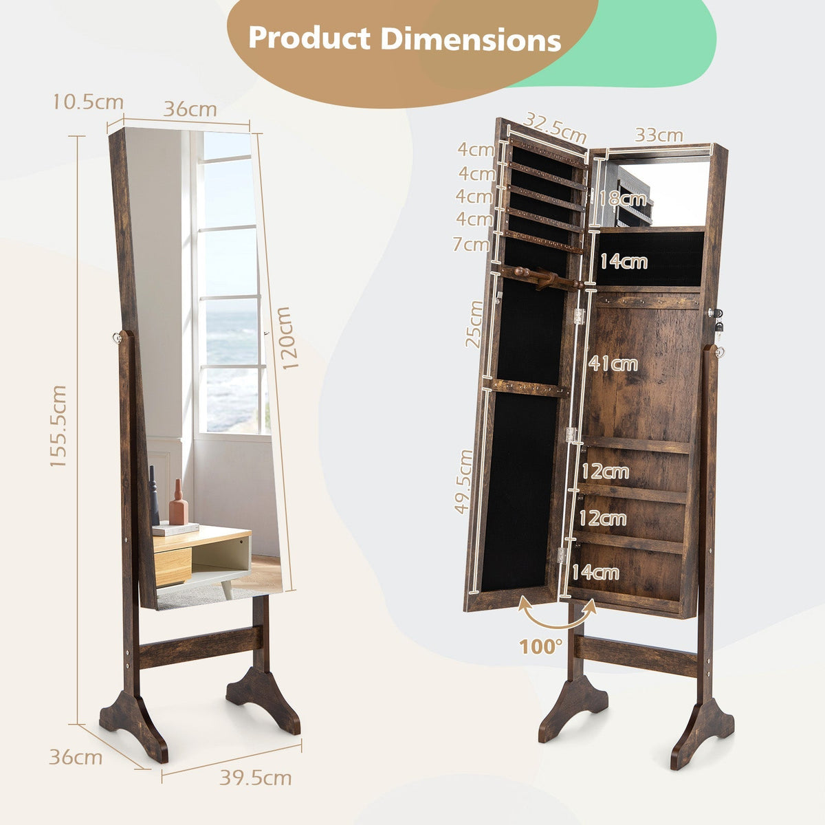 Standing Jewelry Cabinet with Full Length Mirror