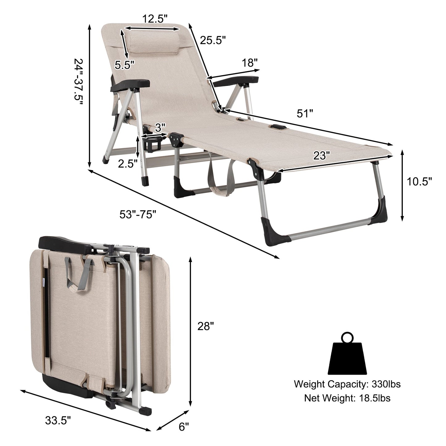 Beach Folding Chaise Lounge Recliner with 7 Adjustable Position