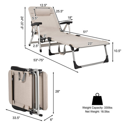 Beach Folding Chaise Lounge Recliner with 7 Adjustable Position