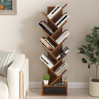 10-Tier Tree Bookshelf with Drawer and Anti-Tipping Kit