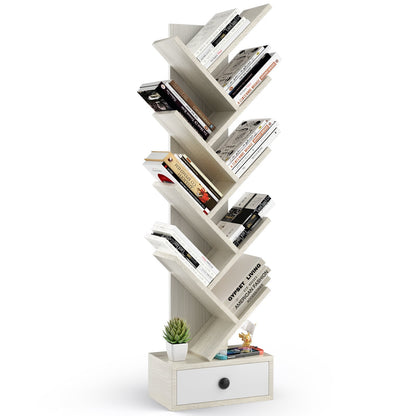 10-Tier Tree Bookshelf with Drawer and Anti-Tipping Kit