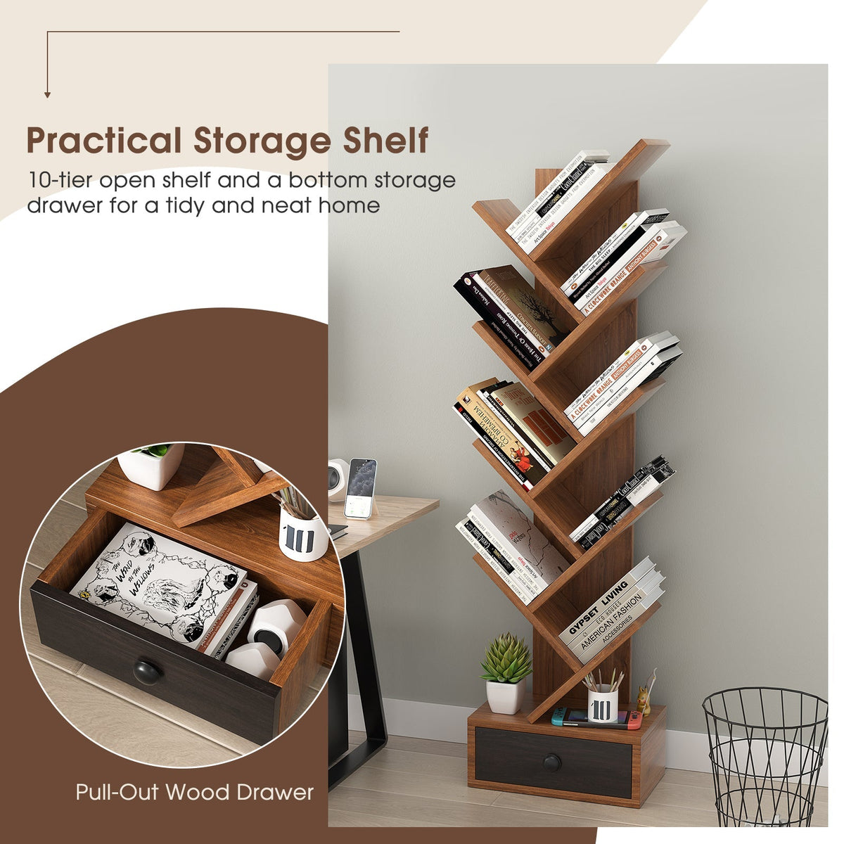 10-Tier Tree Bookshelf with Drawer and Anti-Tipping Kit