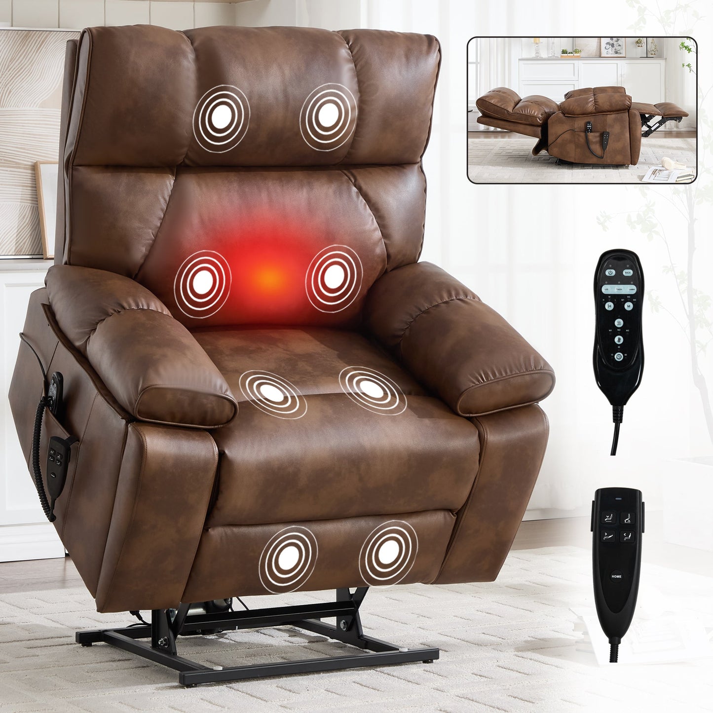 Lift Recliner Chair Power Faux Leather Brown Dual Motor Heat Massage 350 LB