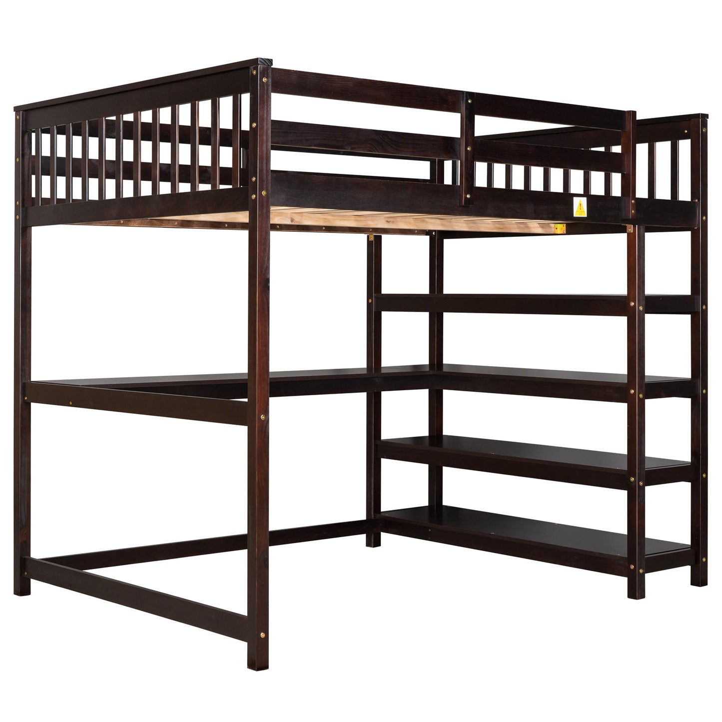 Espresso Full Size Loft Bed with Storage Shelves and Under-bed Desk, Solid Pi...