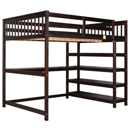 Espresso Full Size Loft Bed with Storage Shelves and Under-bed Desk, Solid Pi...