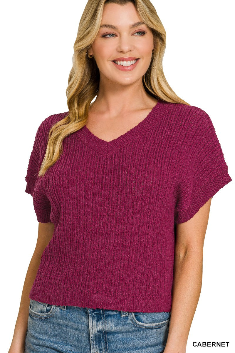 Zenana Textured Knit V-Neck Cropped Sweater