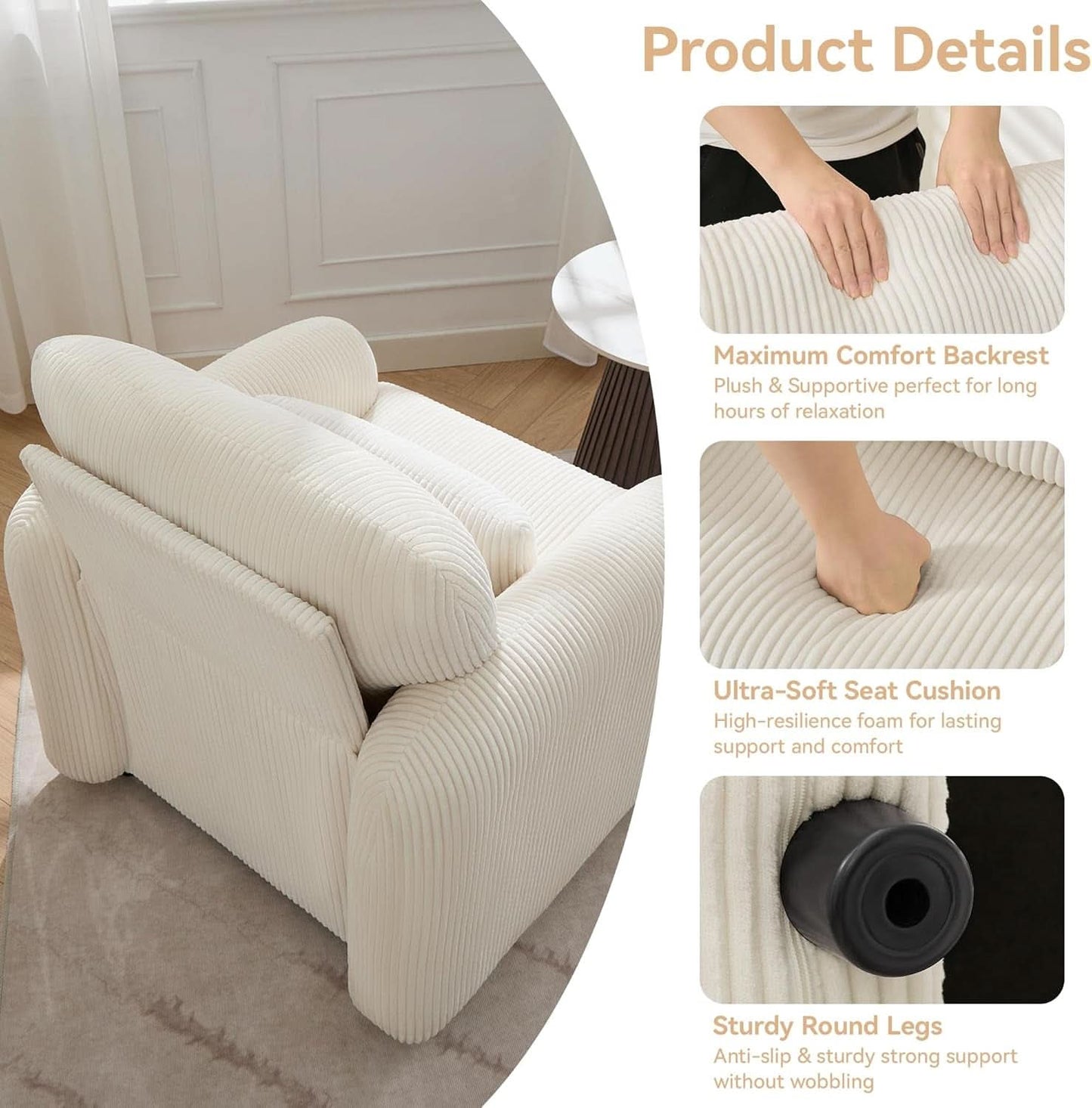 Corduroy Upholstered Accent Chair White Lumbar Pillow