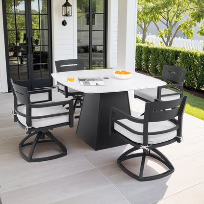 Outdoor Dining Set Aluminum Sintered Stone Black Squircle 5 Piece Swivel