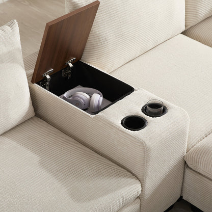 Sectional Sofa U-Shape Corduroy Beige 6 Seat Storage Ottoman USB 140 In
