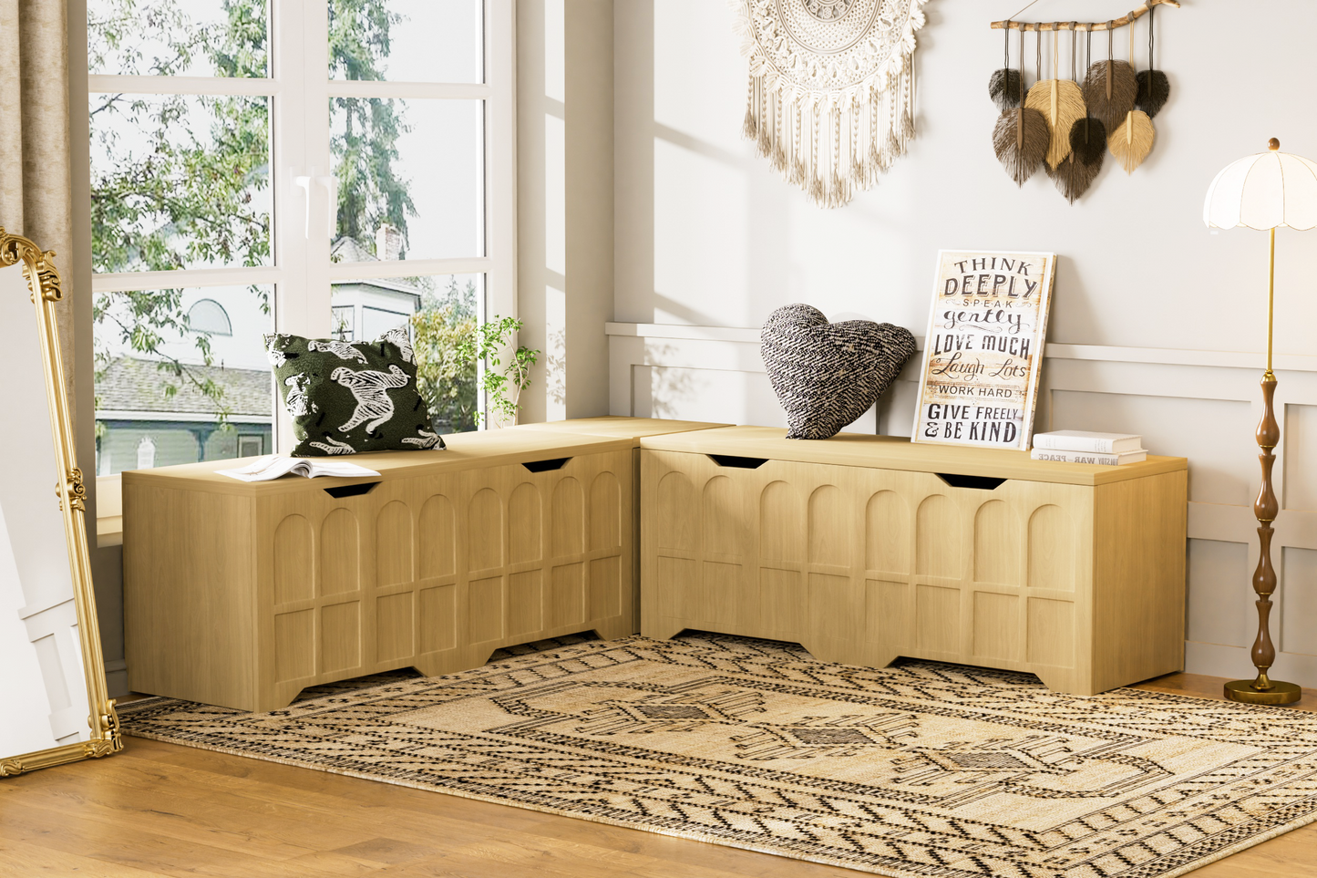 Storage Bench L-Shape 3 Piece MDF Natural Padded Seat 63x63x19 In 360 LB