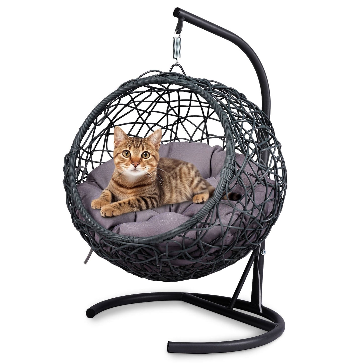 Cat Swing Bed with Stand and Cushion, Rattan Wicker Egg Chair Style, Gray