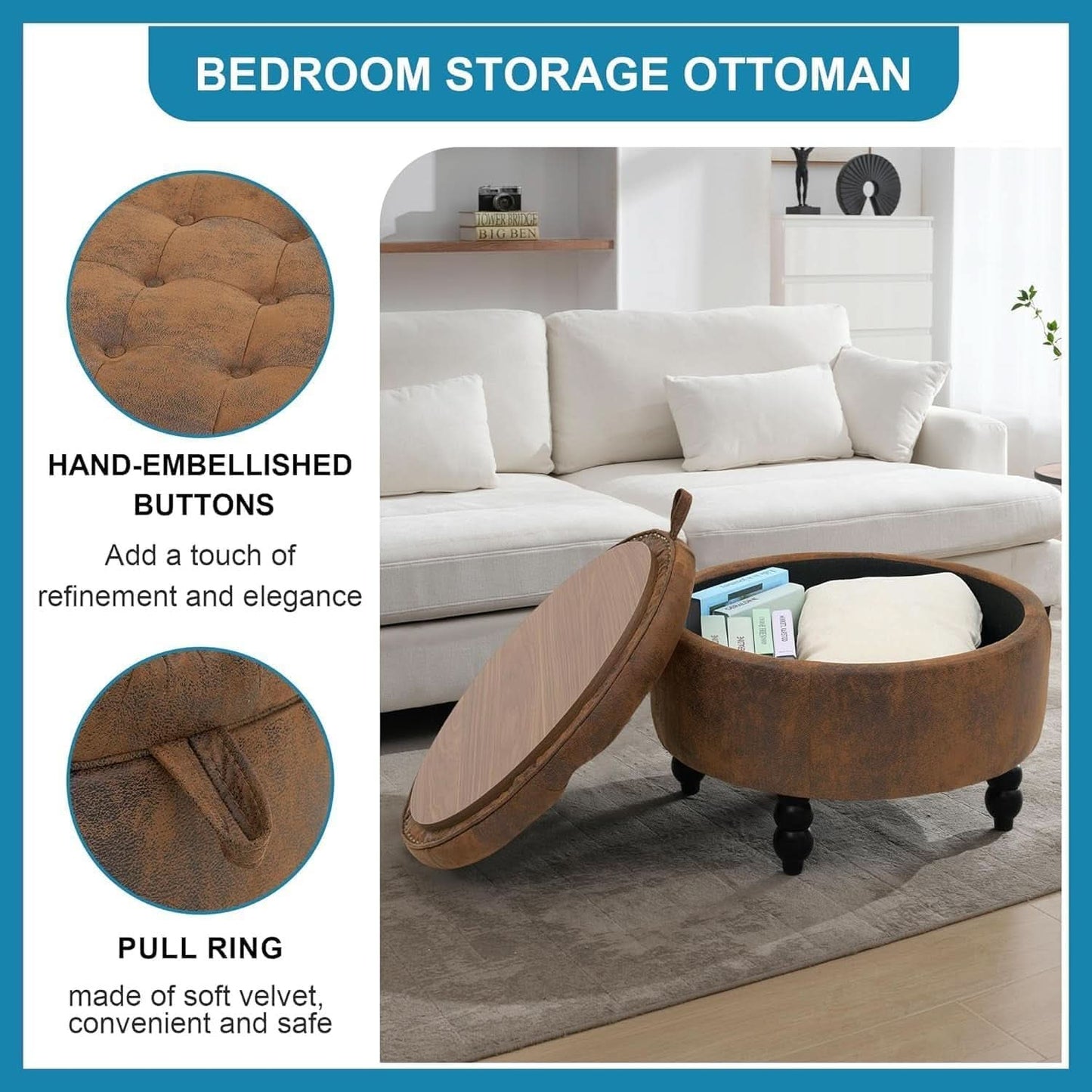 24 Inch Upholstered Storage Ottoman Featuring Tray