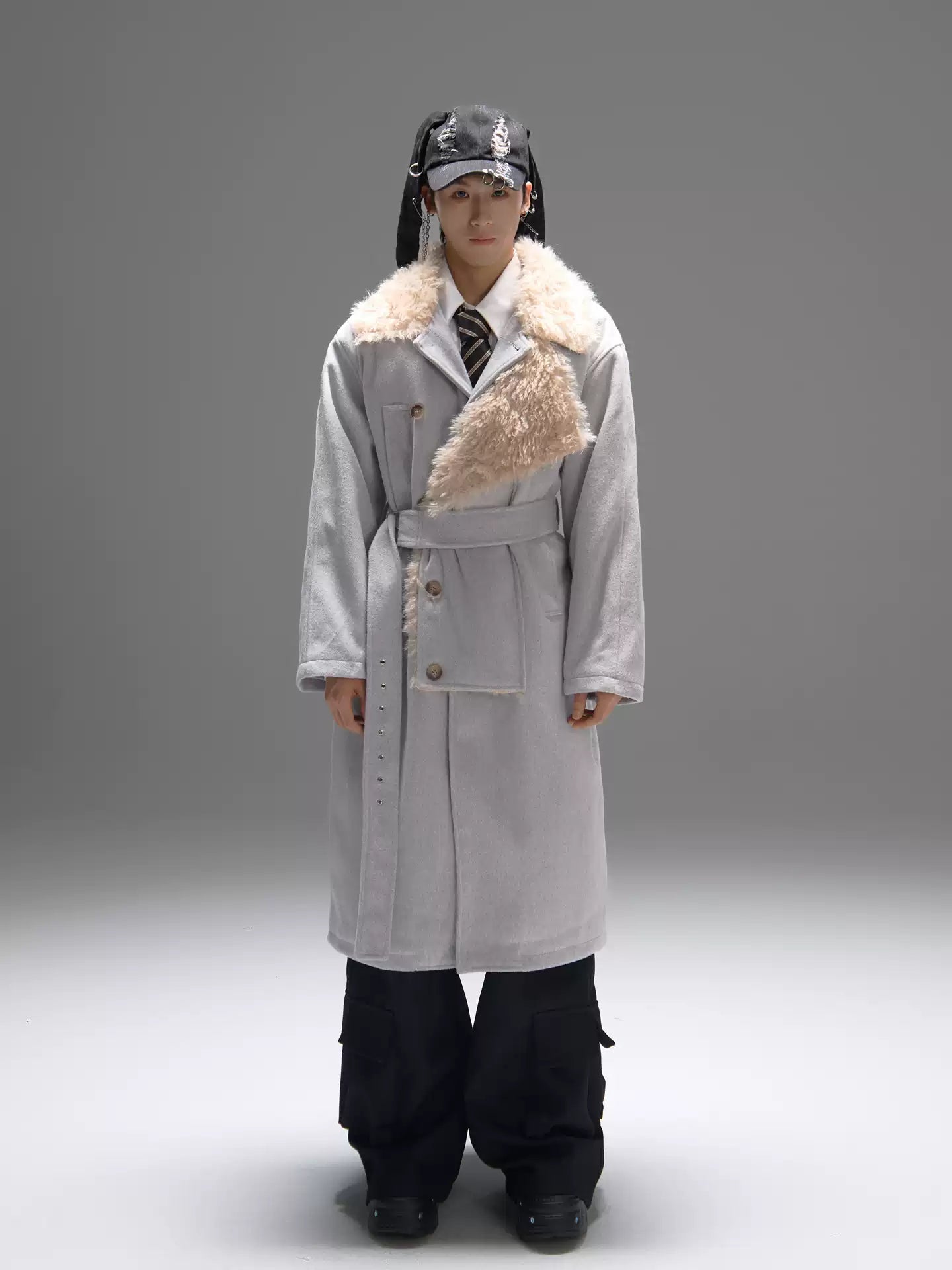 Color-block Design Over-the-knee Trench Coat Silhouette Plus-thick Cotton Coat