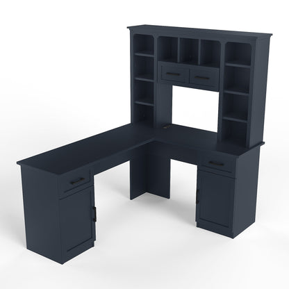 L-Shaped Computer Desk with 2 Cabinets and 2 Drawers, 11 Open Shelves and 1 R...
